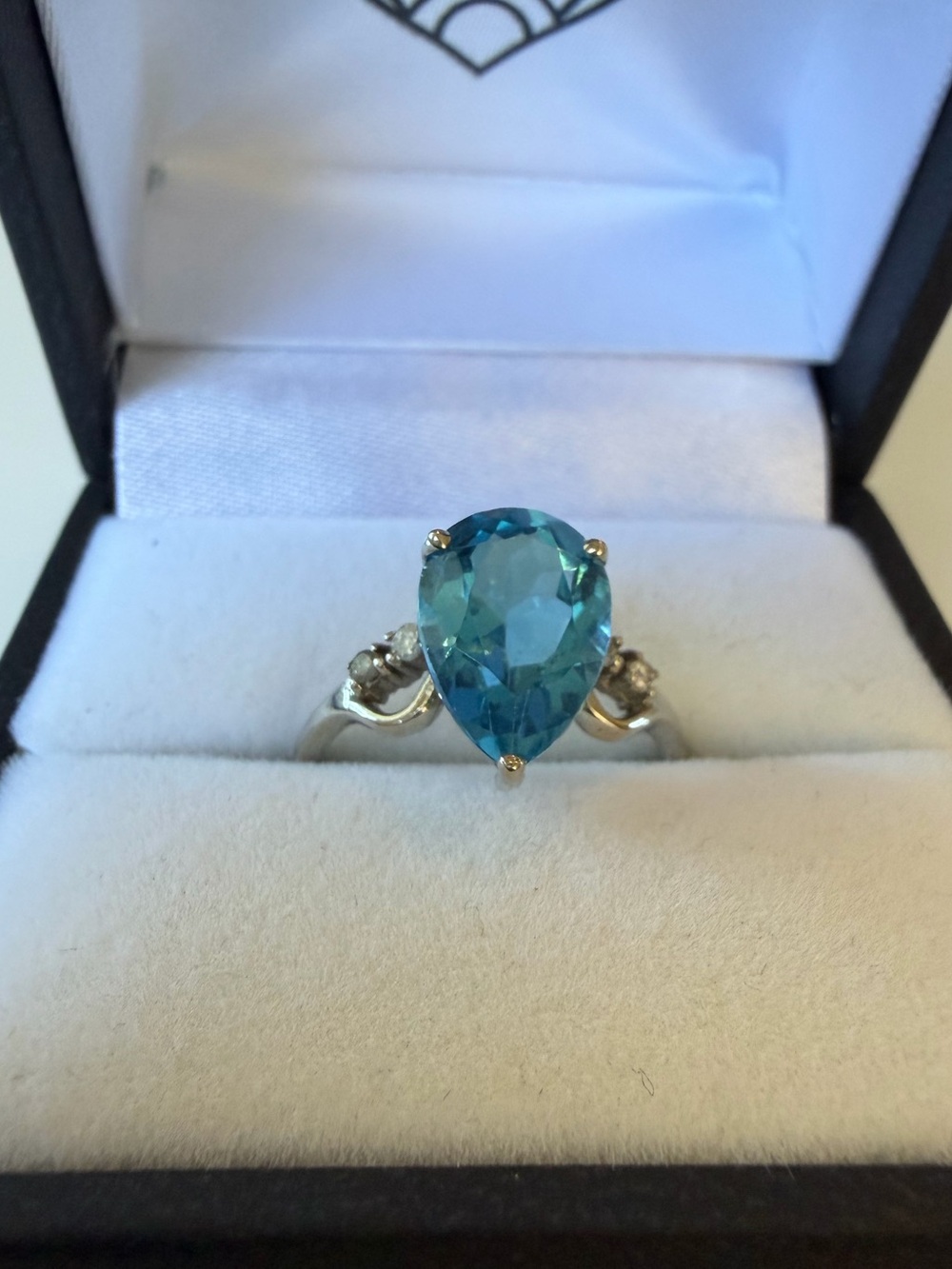 10K White Gold 3.8ct Pear Cut Blue Topaz Cocktail Ring with Diamonds
